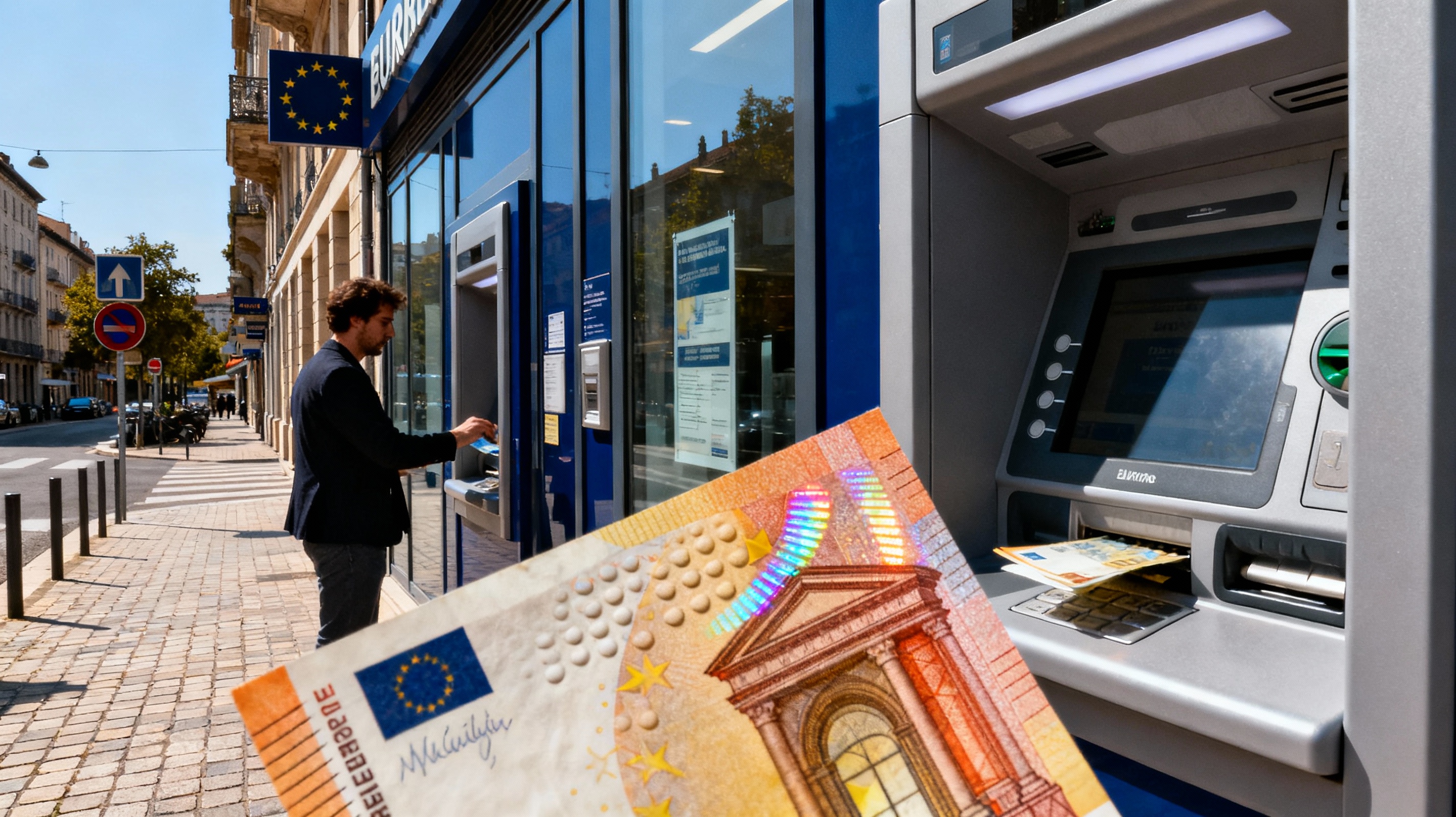 Escena cotidiana en mercado tradicional con pagos en efectivo en Europa